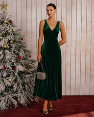 Green Velour V-Neck Sleeveless Maxi Dress | Rihoas