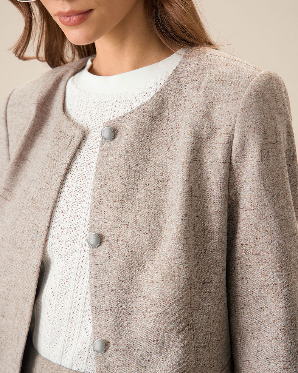 Round Neck Khaki Single-Breasted Jacket | Rihoas