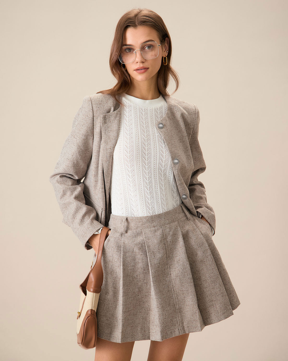Round Neck Khaki Single-Breasted Jacket | Rihoas