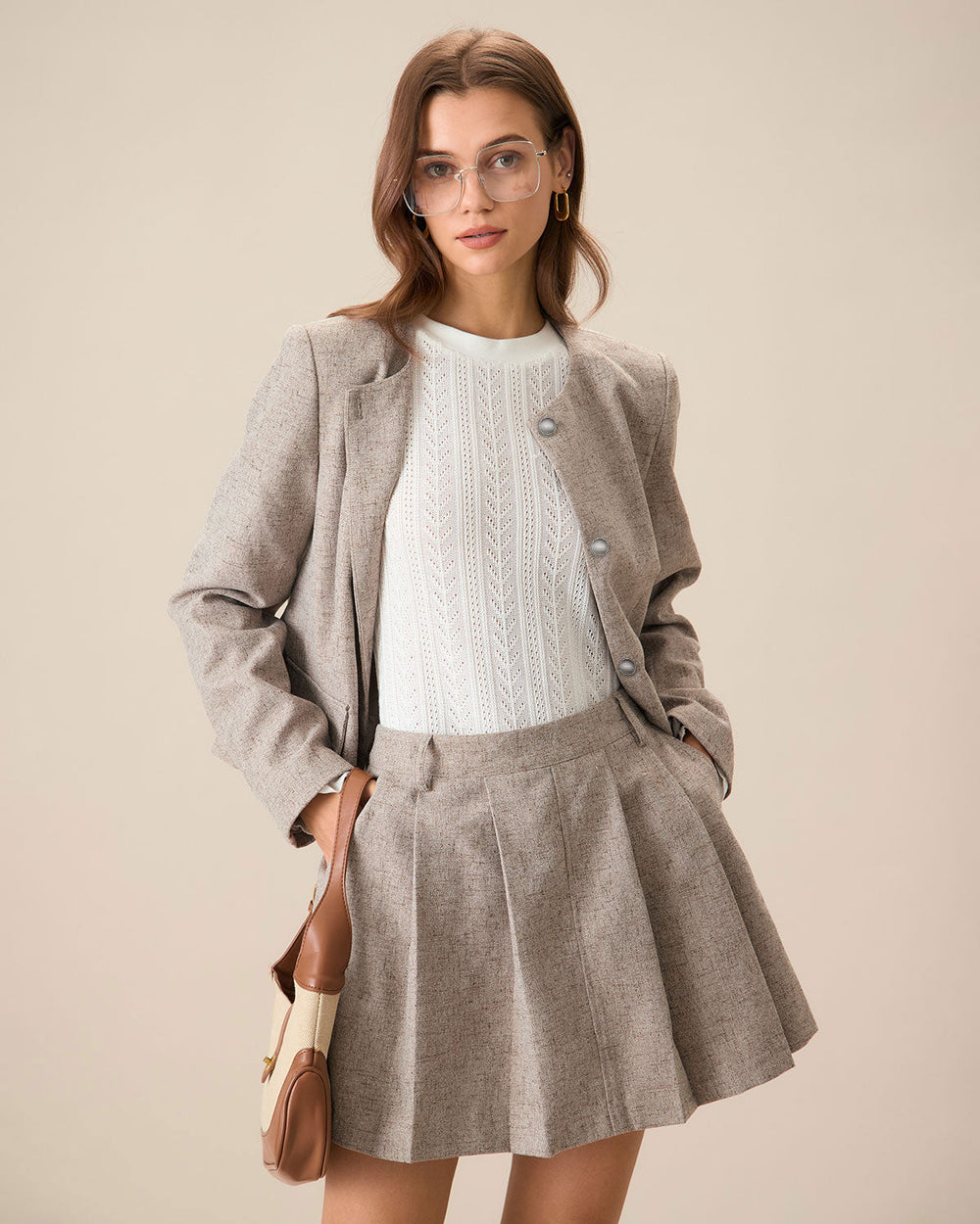 Round Neck Khaki Single-Breasted Jacket | Rihoas