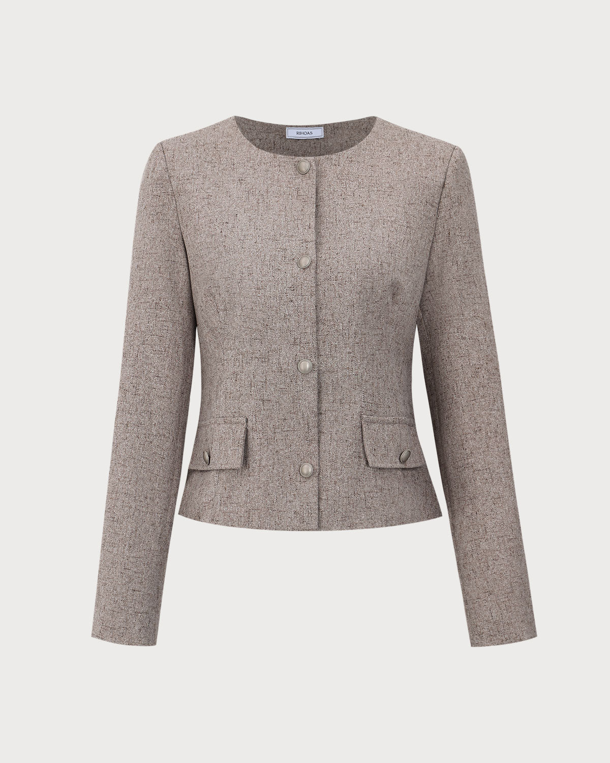 Round Neck Khaki Single-Breasted Jacket | Rihoas