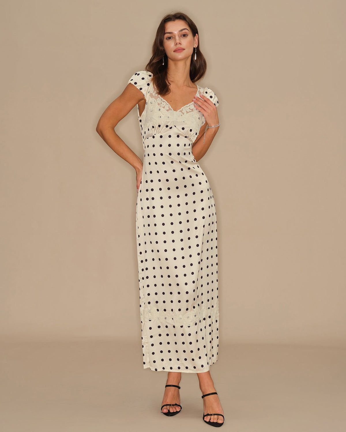 Apricot Polka Dot Lace Maxi Dress | Rihoas