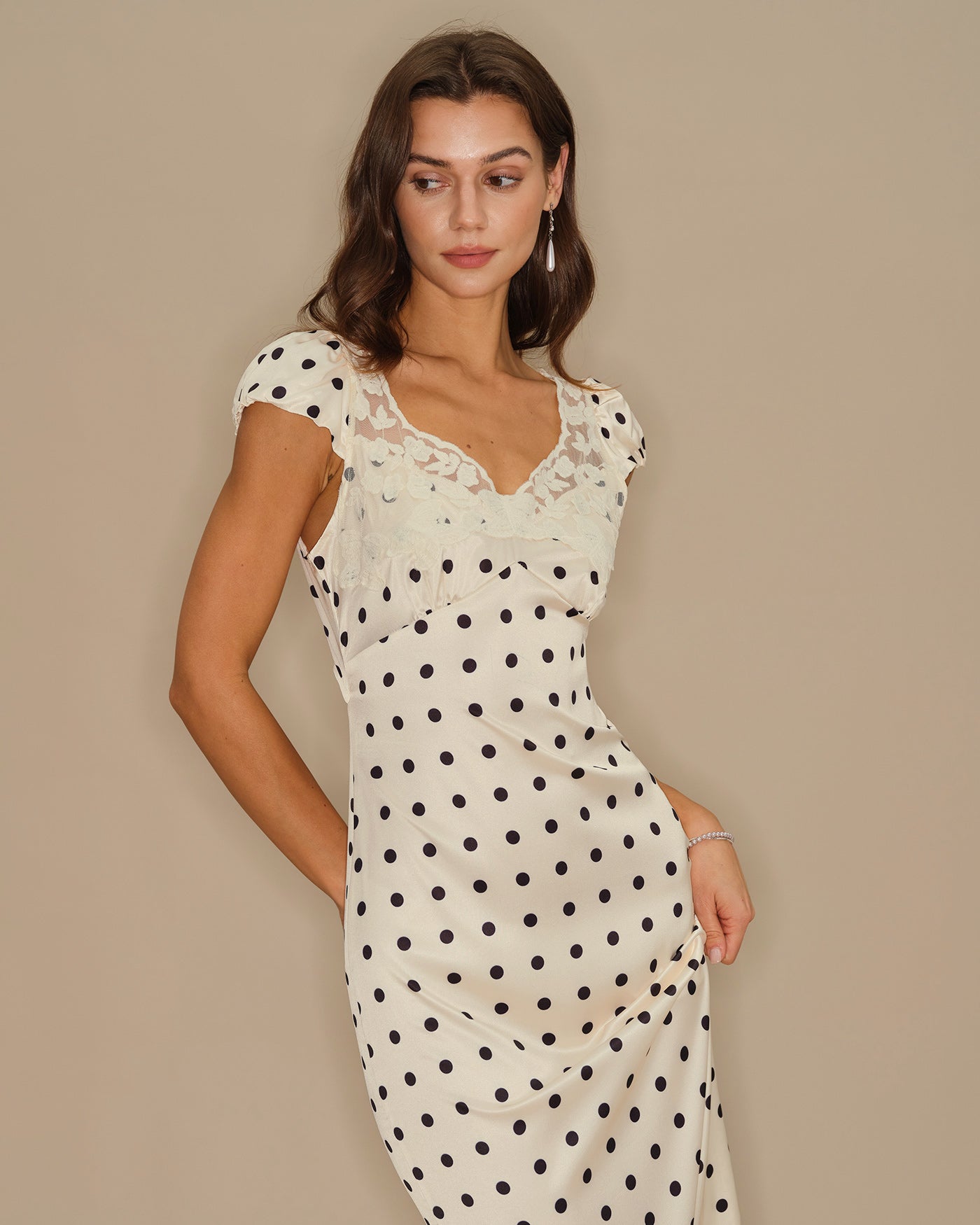 Apricot Polka Dot Lace Maxi Dress | Rihoas
