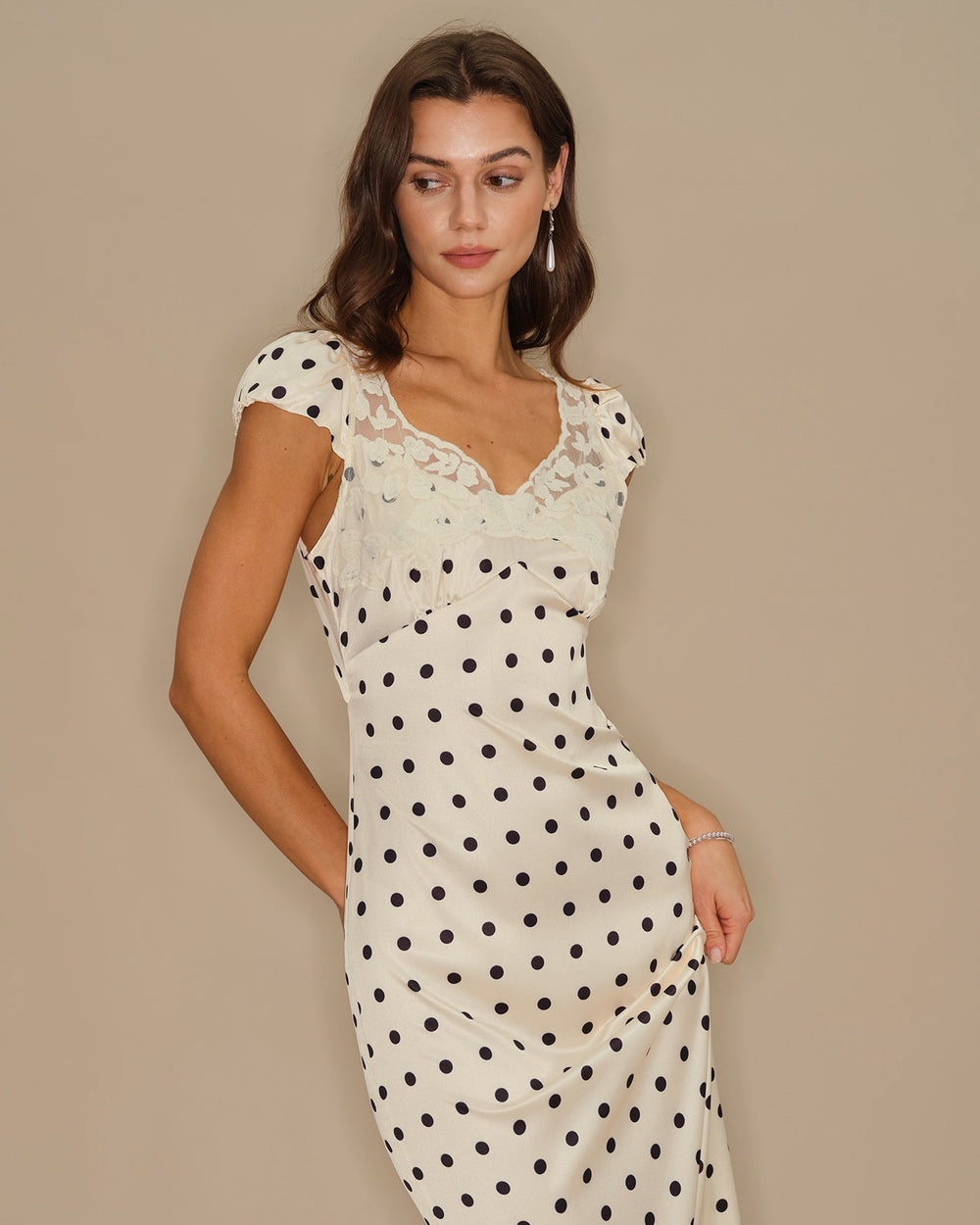 Apricot Polka Dot Lace Maxi Dress | Rihoas
