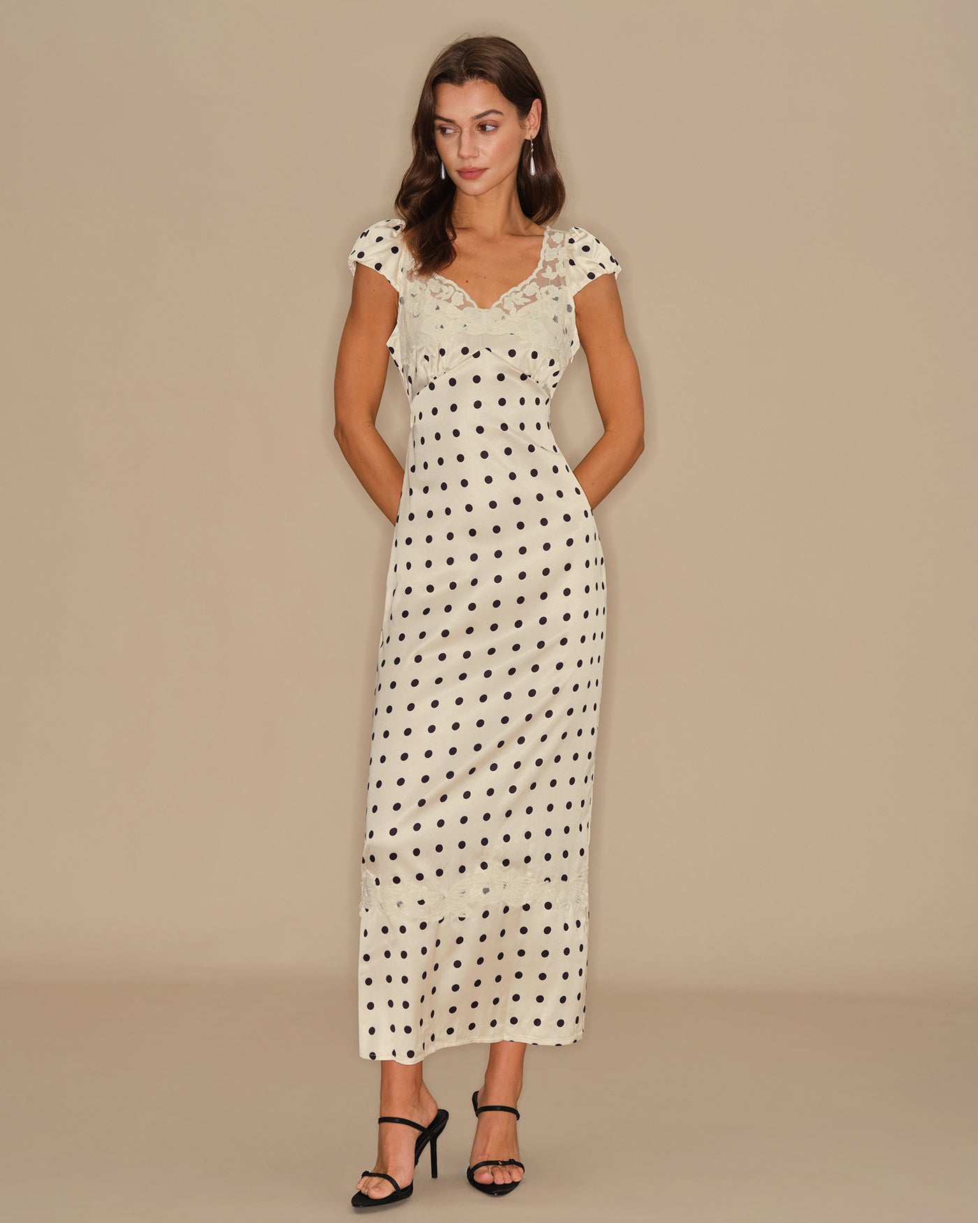Apricot Polka Dot Lace Maxi Dress | Rihoas