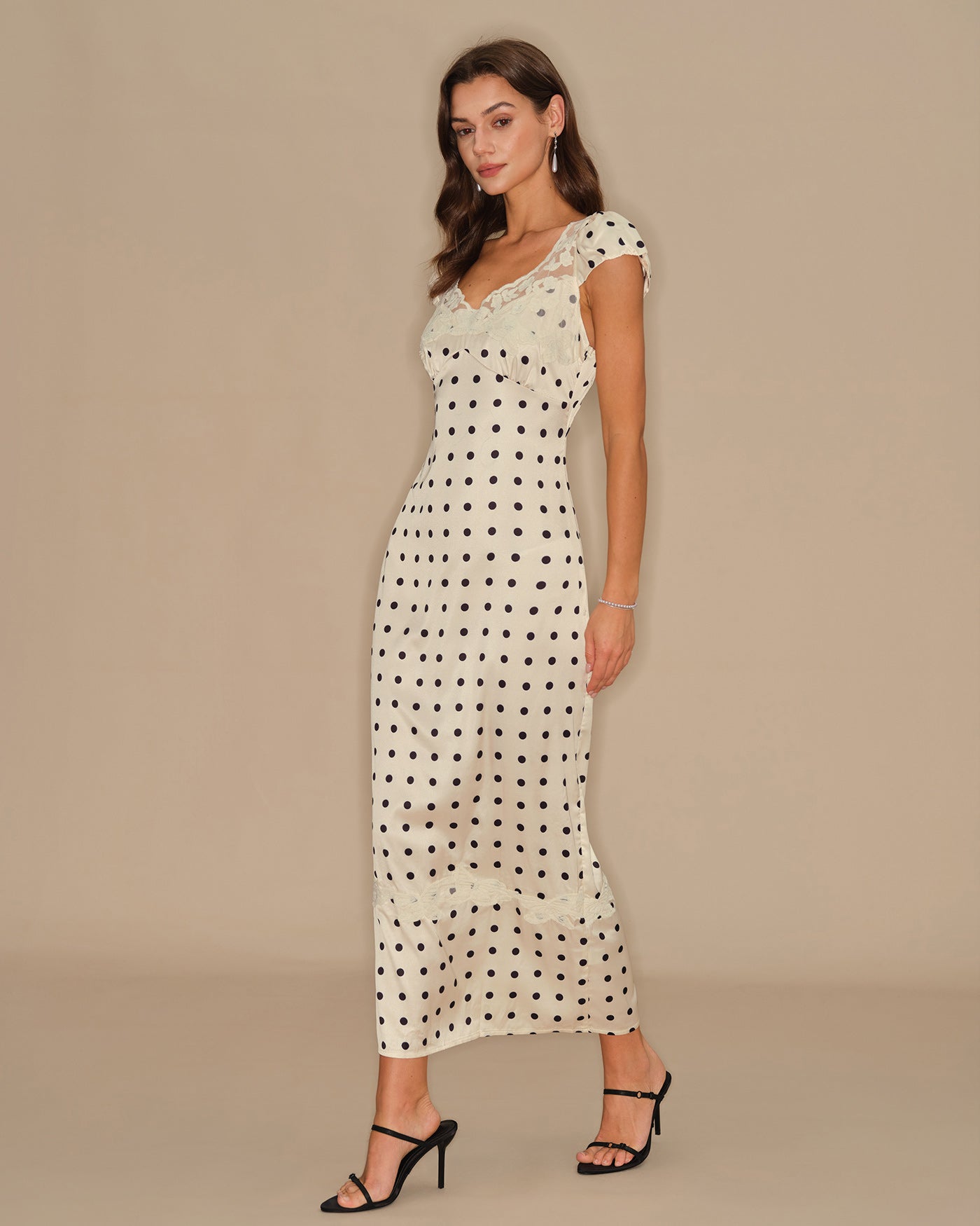 Apricot Polka Dot Lace Maxi Dress | Rihoas