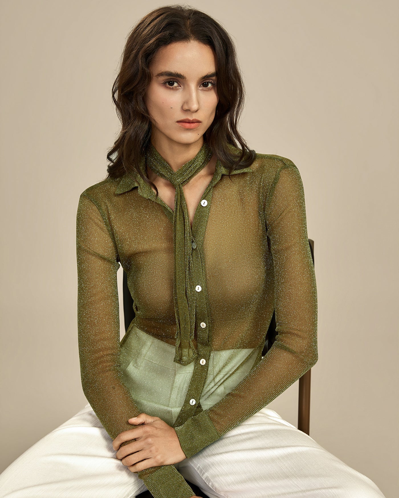 Green See Through Collar Shirt | Rihoas