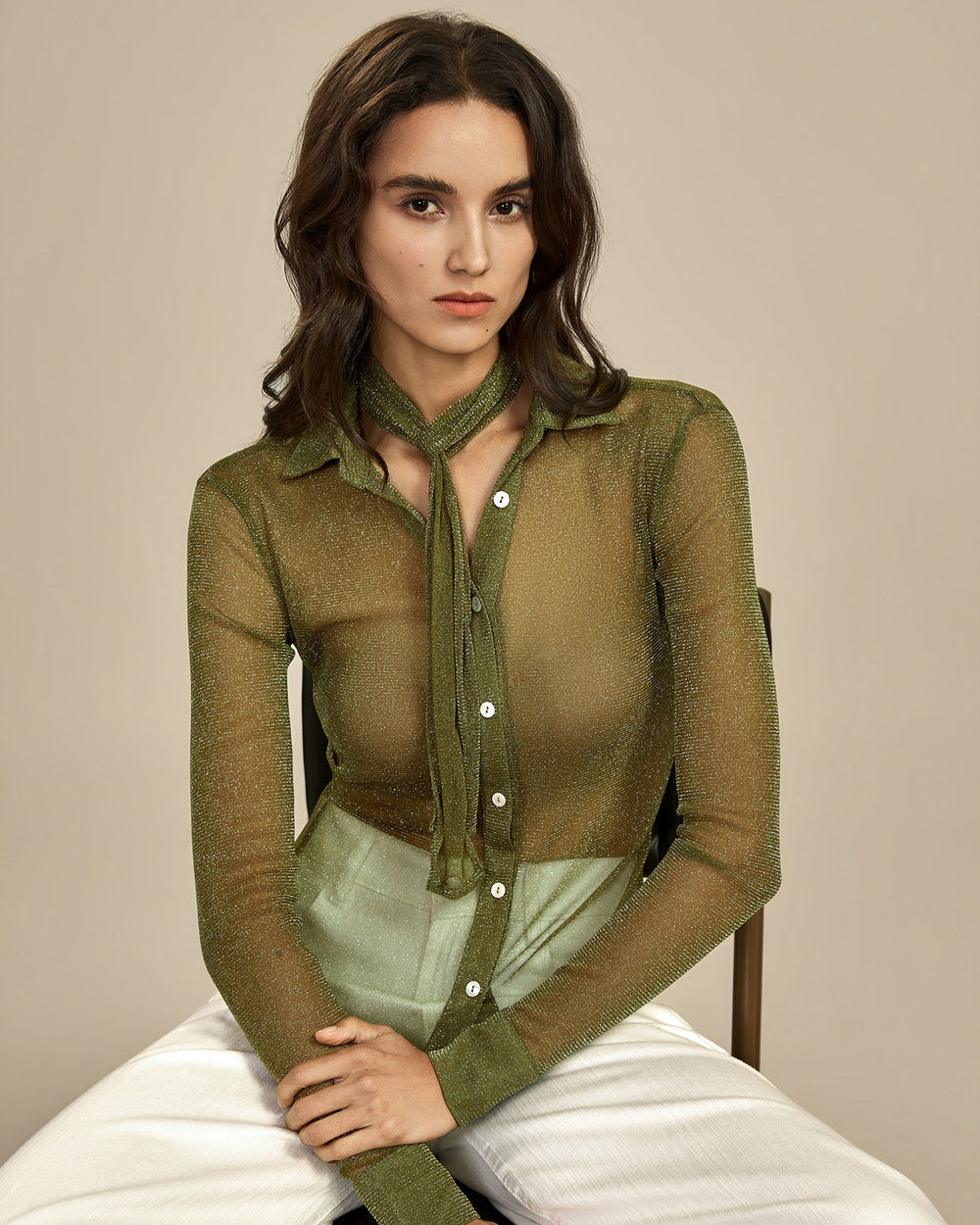 Green See Through Collar Shirt | Rihoas