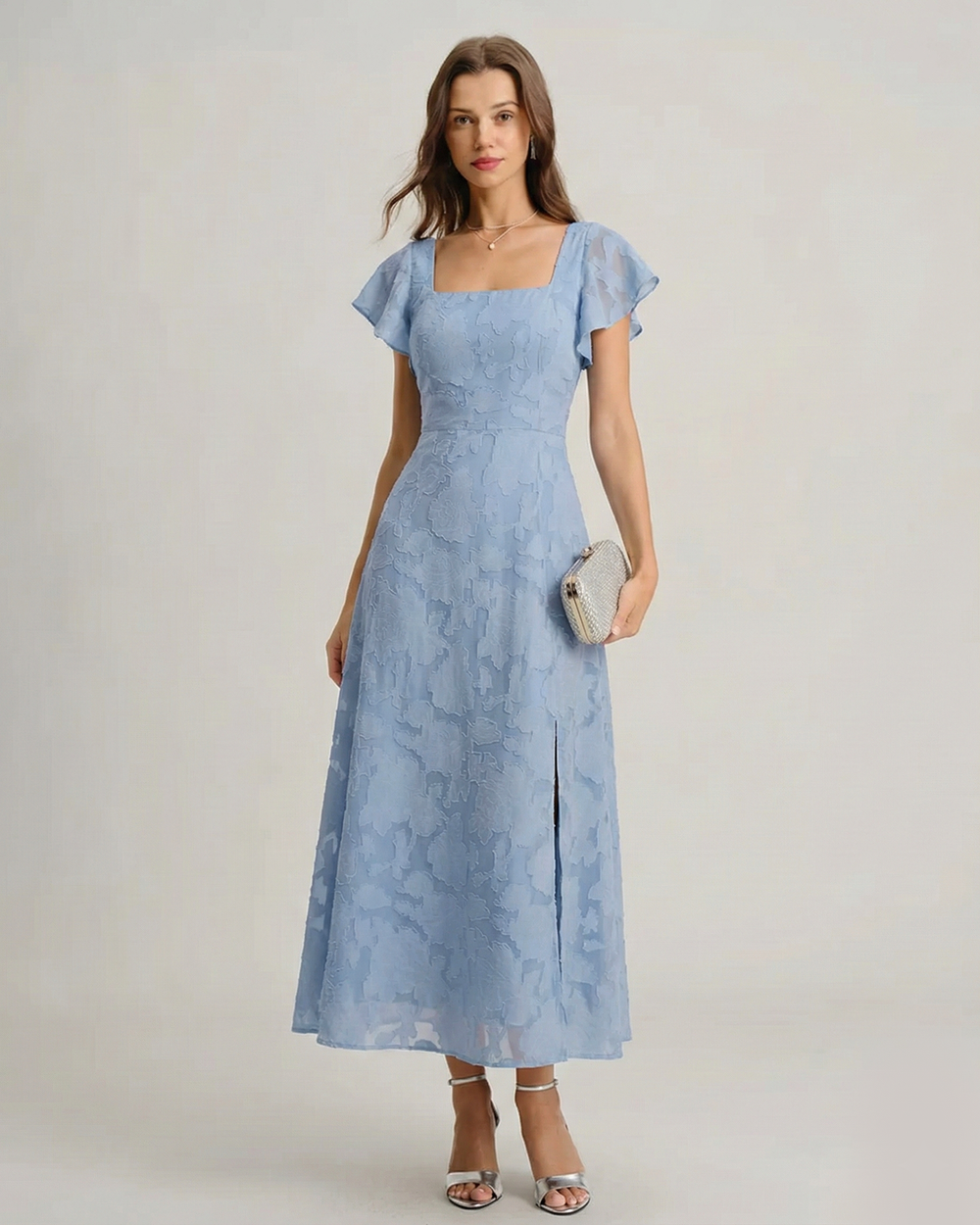 Blue Floral Square Neck Midi Dress | Rihoas