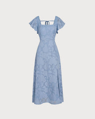Blue Floral Square Neck Midi Dress | Rihoas