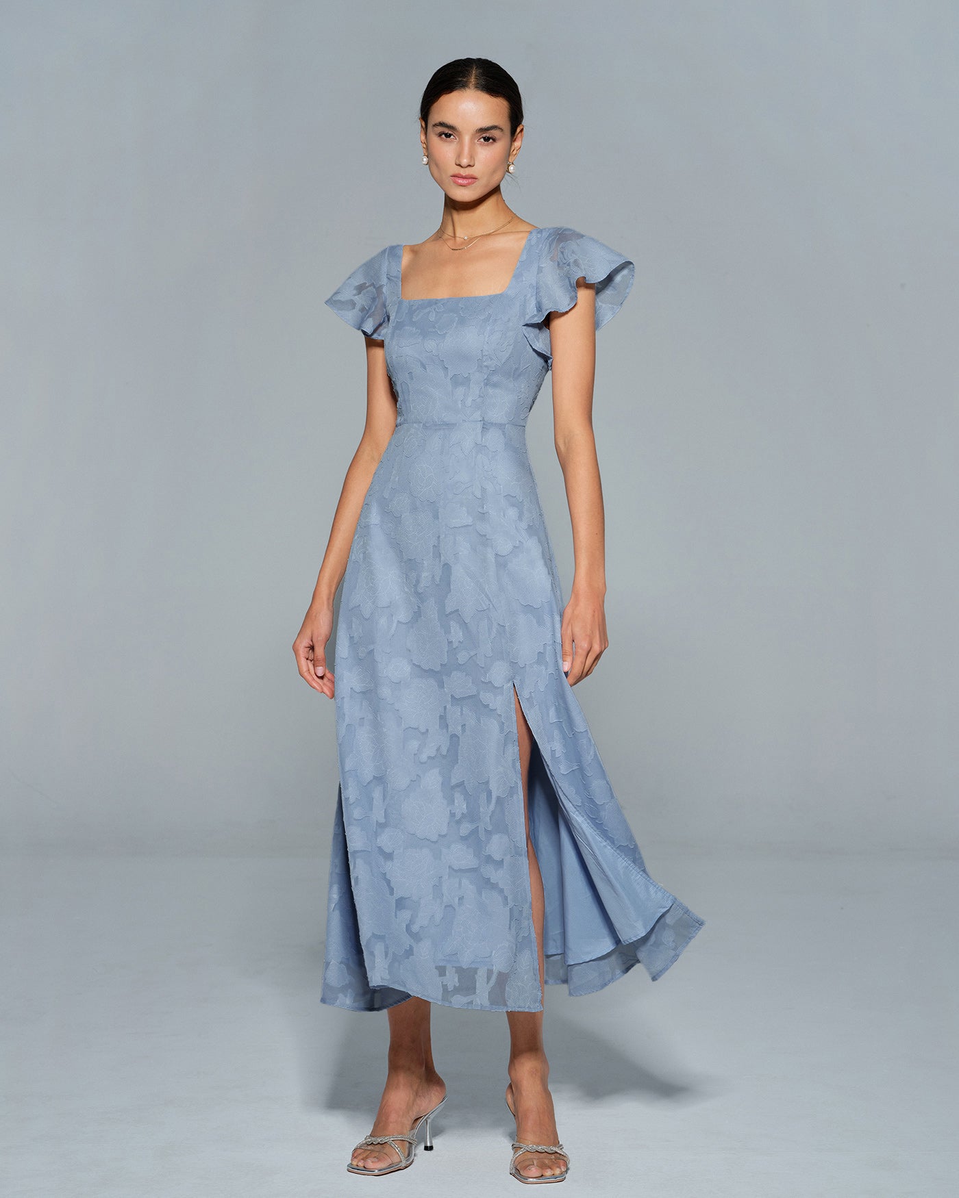 Blue Floral Square Neck Midi Dress | Rihoas
