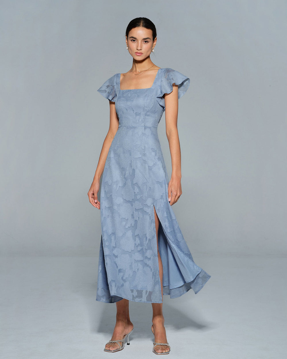 Blue Floral Square Neck Midi Dress | Rihoas