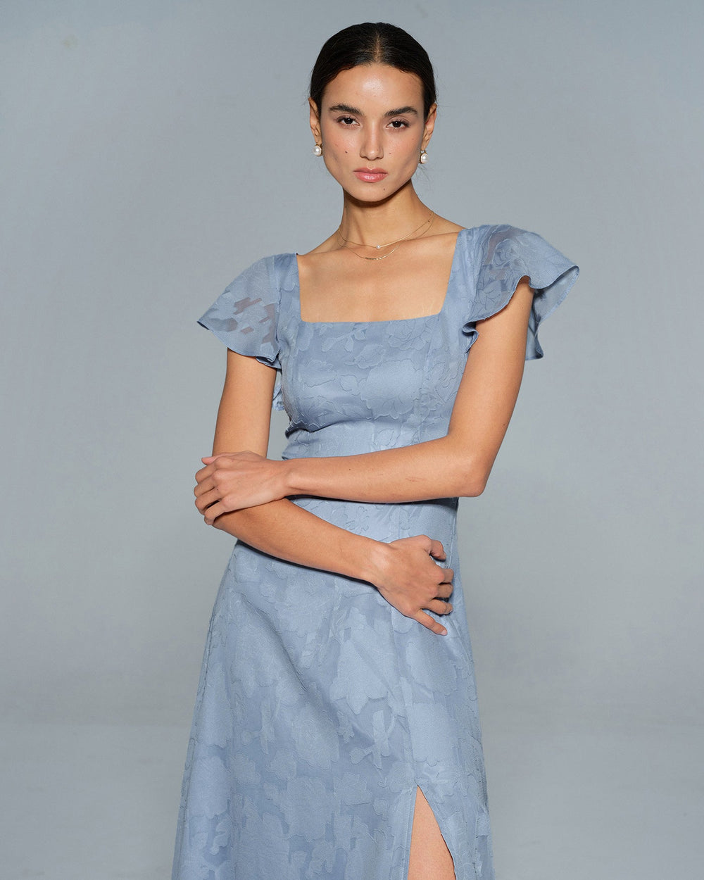 Blue Floral Square Neck Midi Dress | Rihoas