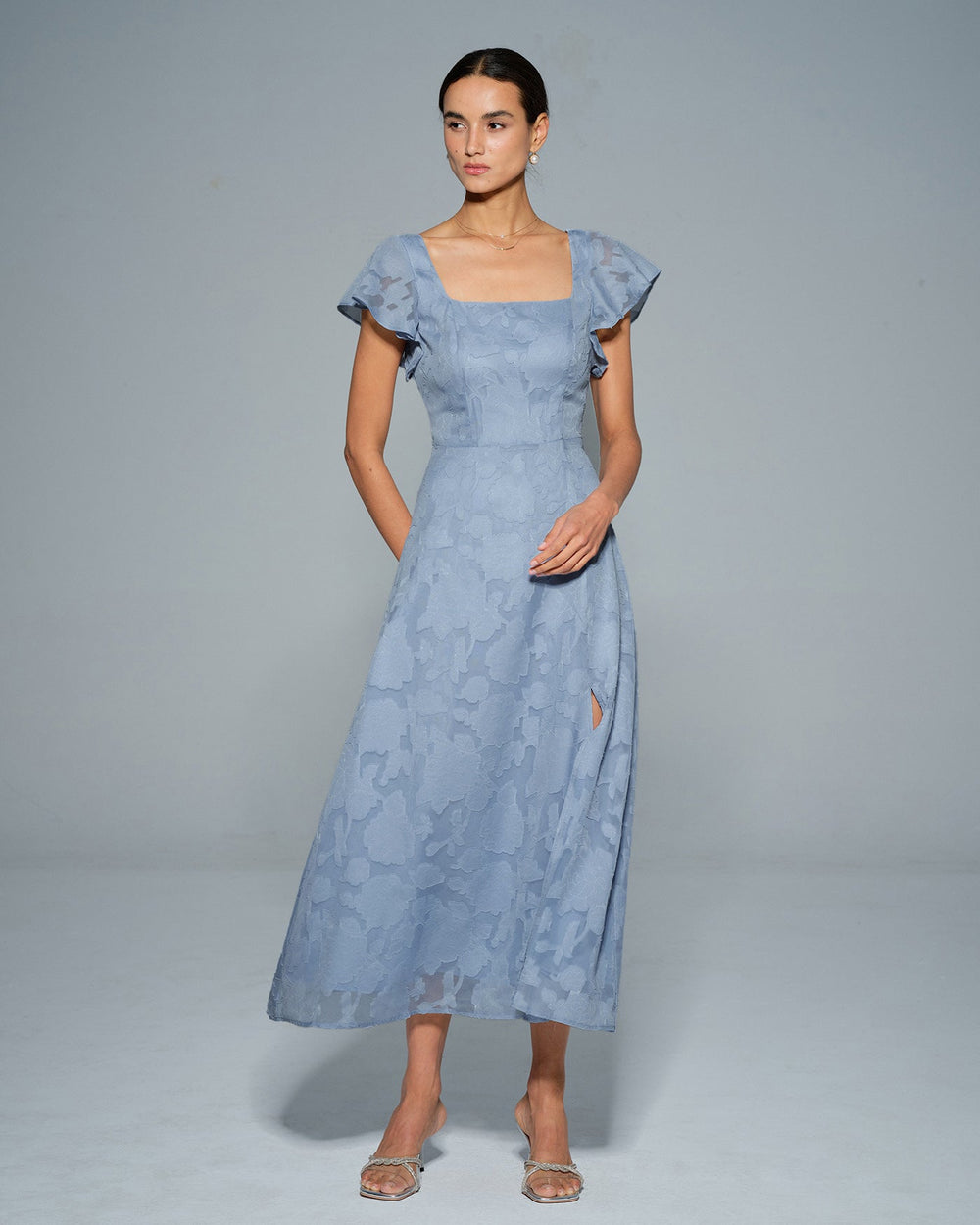 Blue Floral Square Neck Midi Dress | Rihoas