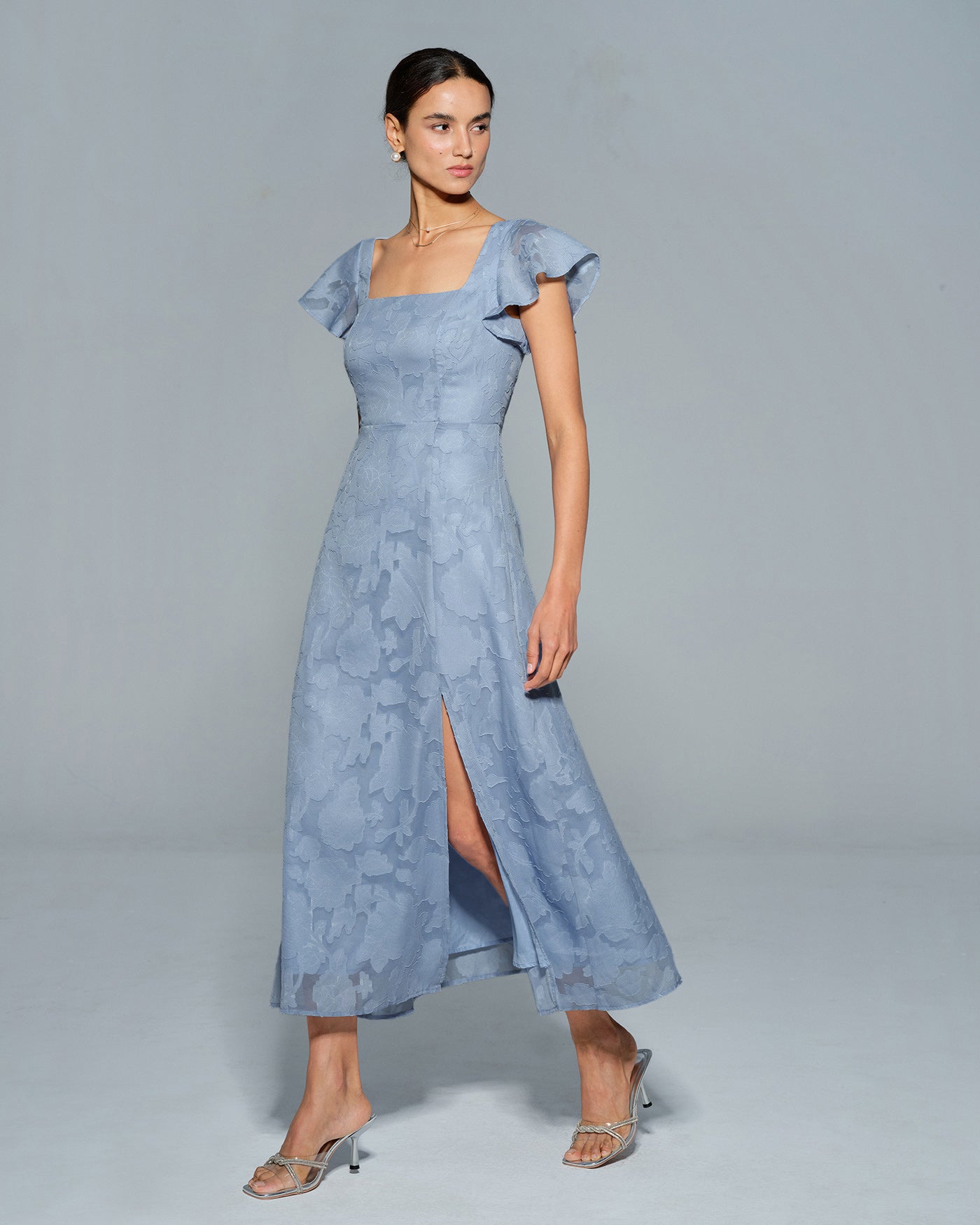 Blue Floral Square Neck Midi Dress | Rihoas