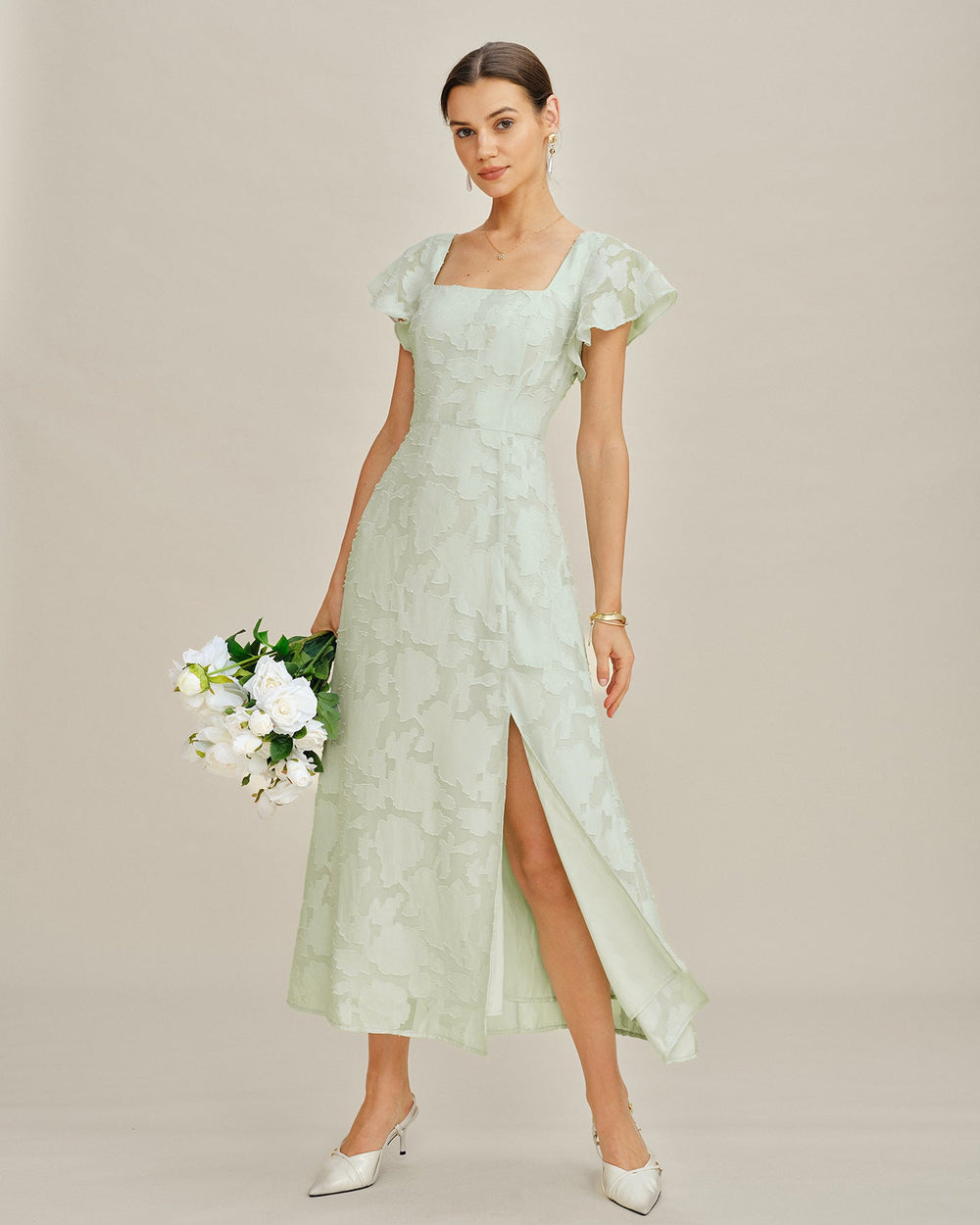 Green Square Neck Floral Textured Midi Dress | Rihoas