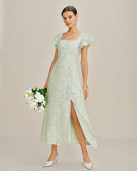 Green Square Neck Floral Textured Midi Dress | Rihoas