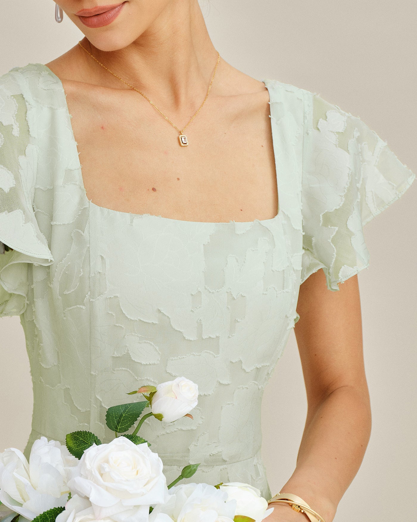 Green Square Neck Floral Textured Midi Dress | Rihoas