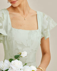 Green Square Neck Floral Textured Midi Dress | Rihoas