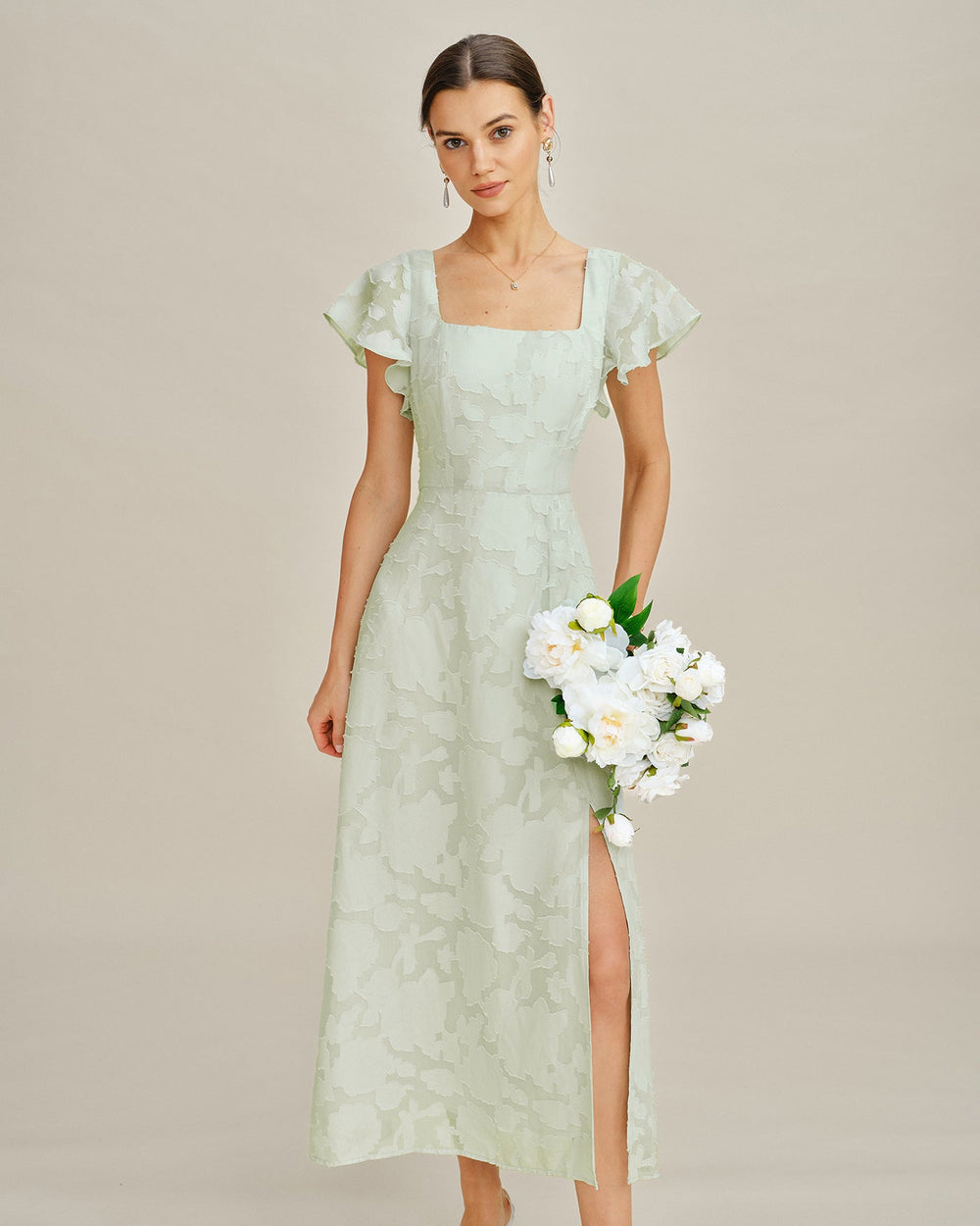 Green Square Neck Floral Textured Midi Dress | Rihoas