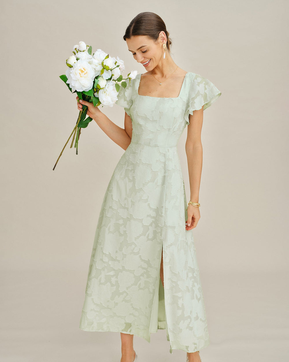 Green Square Neck Floral Textured Midi Dress | Rihoas