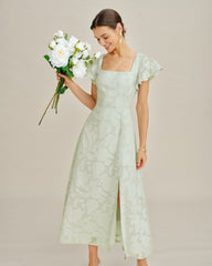 Green Square Neck Floral Textured Midi Dress | Rihoas