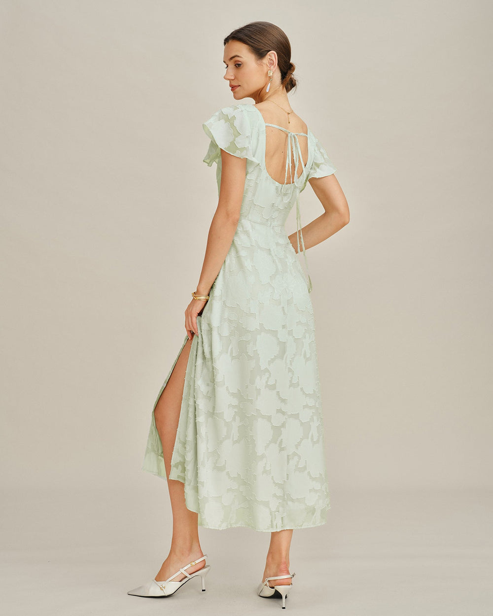 Green Square Neck Floral Textured Midi Dress | Rihoas