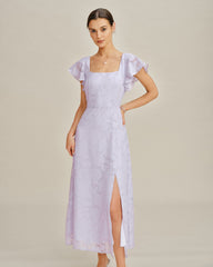 Purple Square Neck Jacquard Midi Dress | Rihoas
