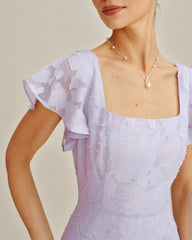 Purple Square Neck Jacquard Midi Dress | Rihoas