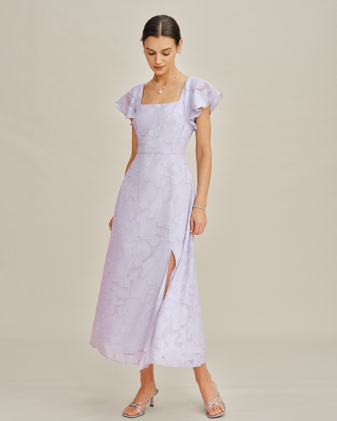 Purple Square Neck Jacquard Midi Dress | Rihoas
