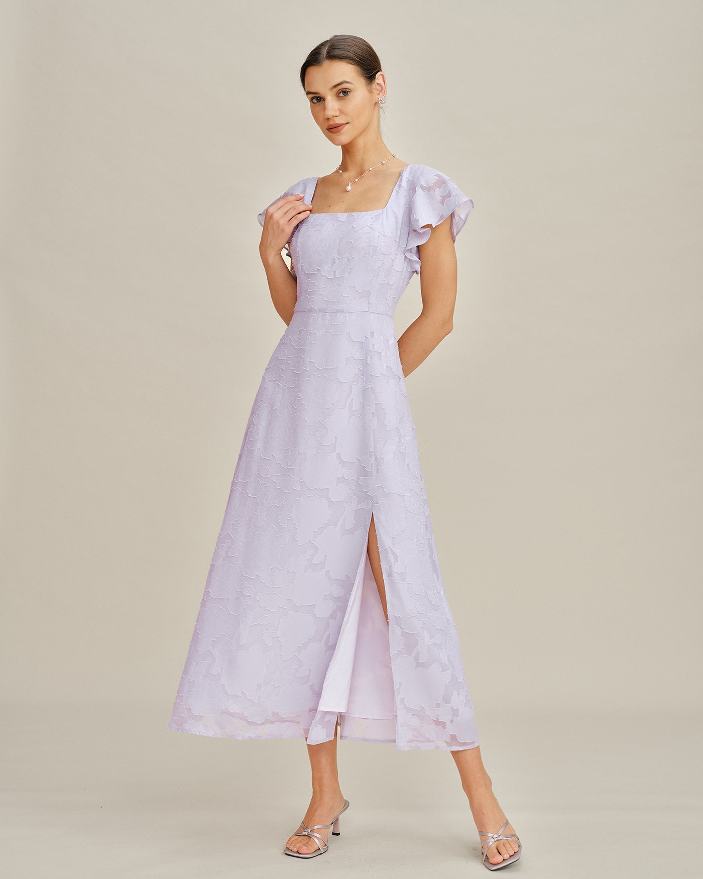 Purple Square Neck Jacquard Midi Dress | Rihoas