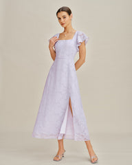 Purple Square Neck Jacquard Midi Dress | Rihoas