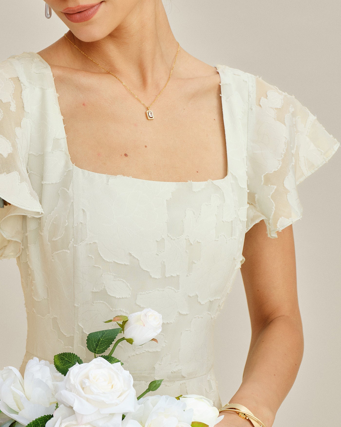 Beige Square Neck Jacquard Midi Dress | Rihoas
