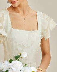 Beige Square Neck Jacquard Midi Dress | Rihoas