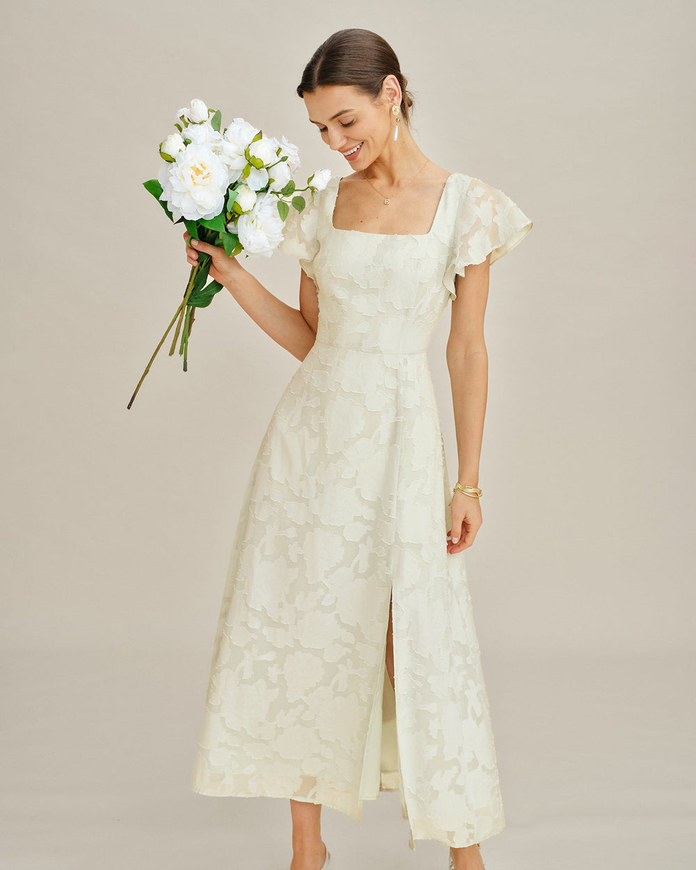 Beige Square Neck Jacquard Midi Dress | Rihoas