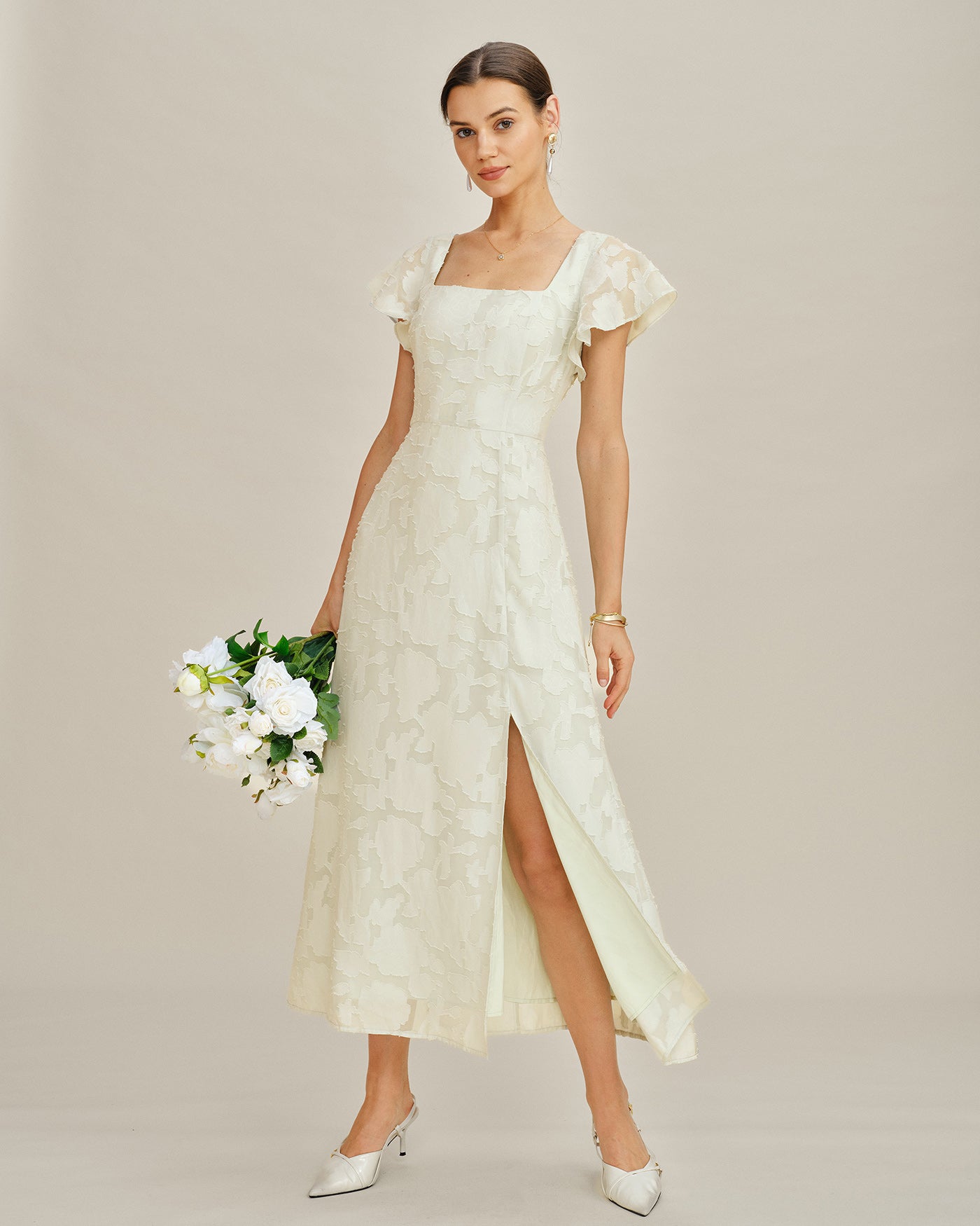 Beige Square Neck Jacquard Midi Dress | Rihoas