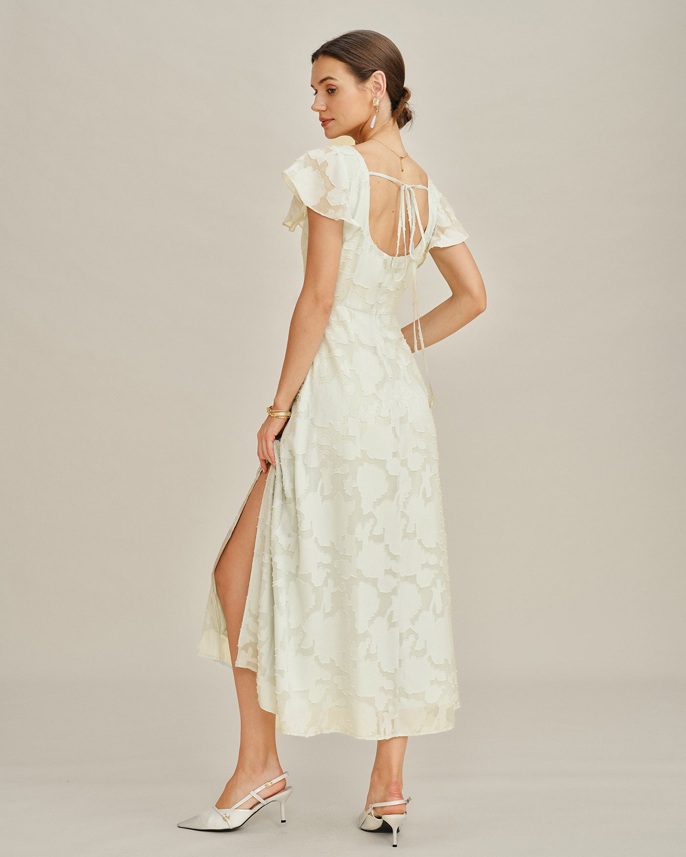 Beige Square Neck Jacquard Midi Dress | Rihoas