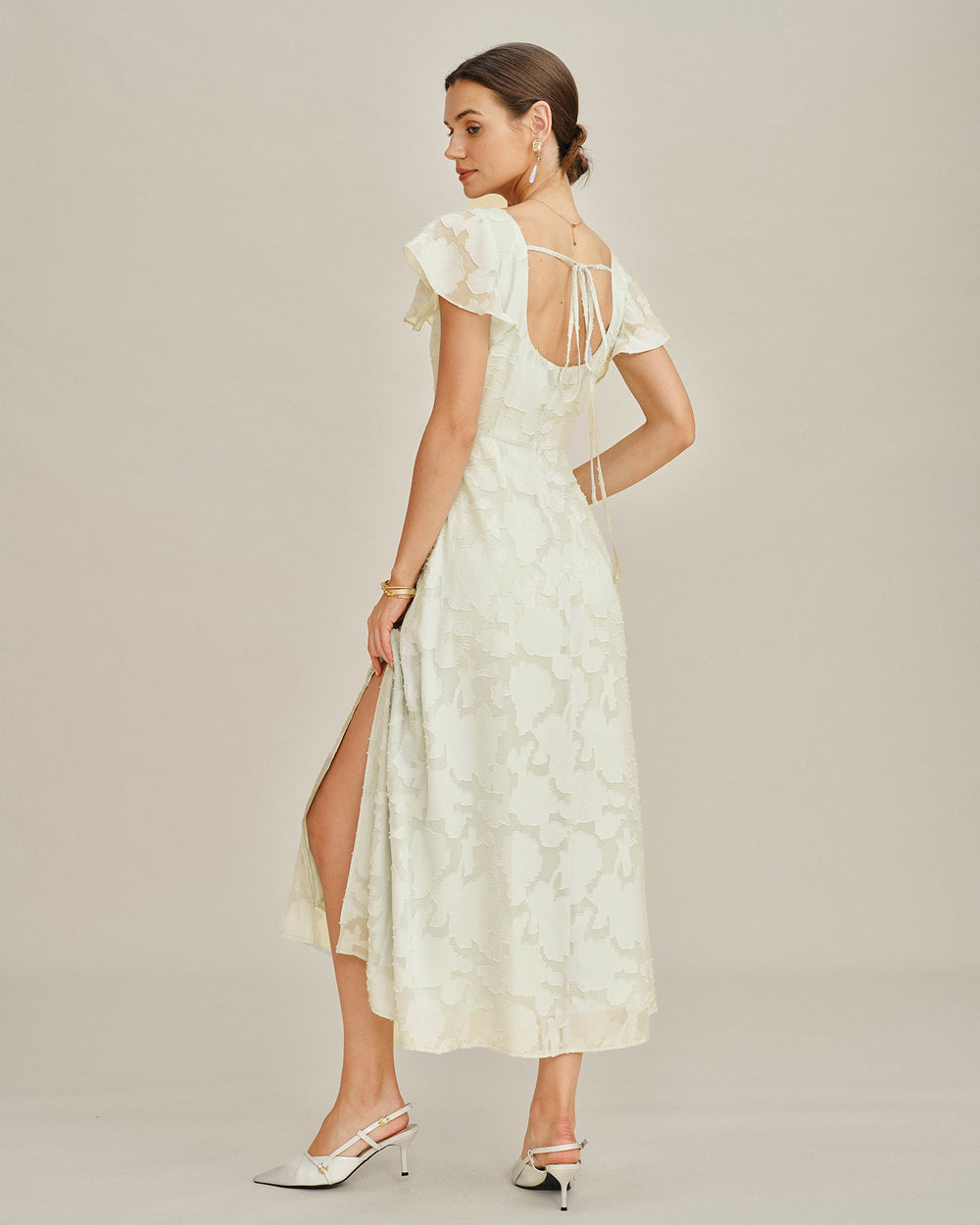 Beige Square Neck Jacquard Midi Dress | Rihoas