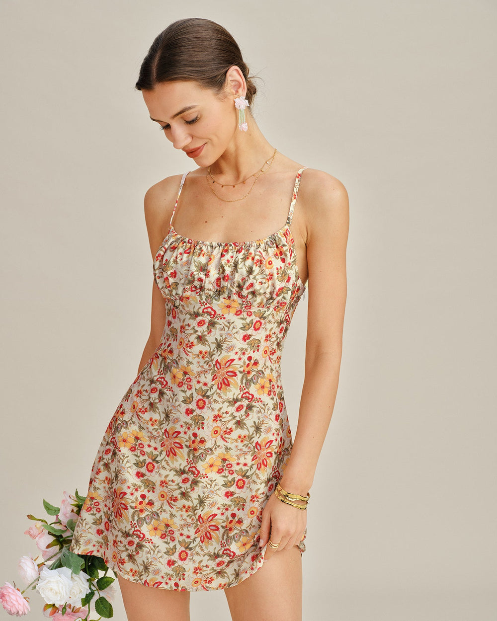 Floral Shirred Slip Mini Dress | Rihoas