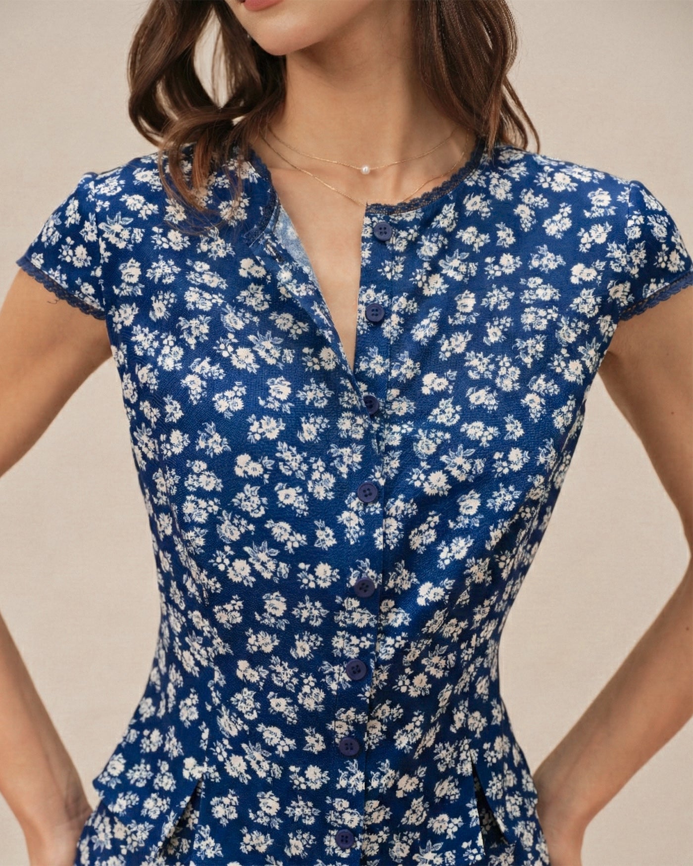 Blue Floral Cap Sleeve Button Blouse | Rihoas