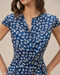 Blue Floral Cap Sleeve Button Blouse | Rihoas
