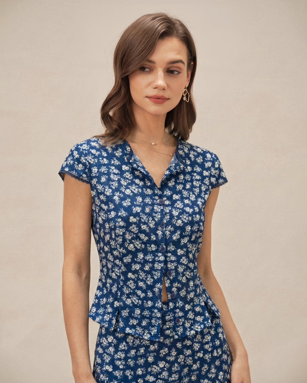 Blue Floral Cap Sleeve Button Blouse | Rihoas