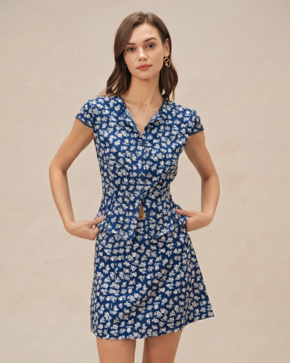 Blue Floral Cap Sleeve Button Blouse | Rihoas