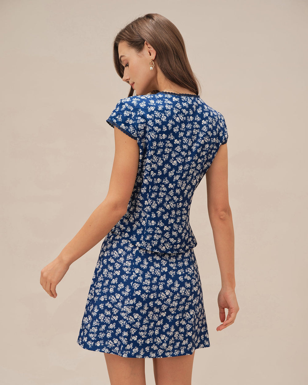 Blue Floral Cap Sleeve Button Blouse | Rihoas