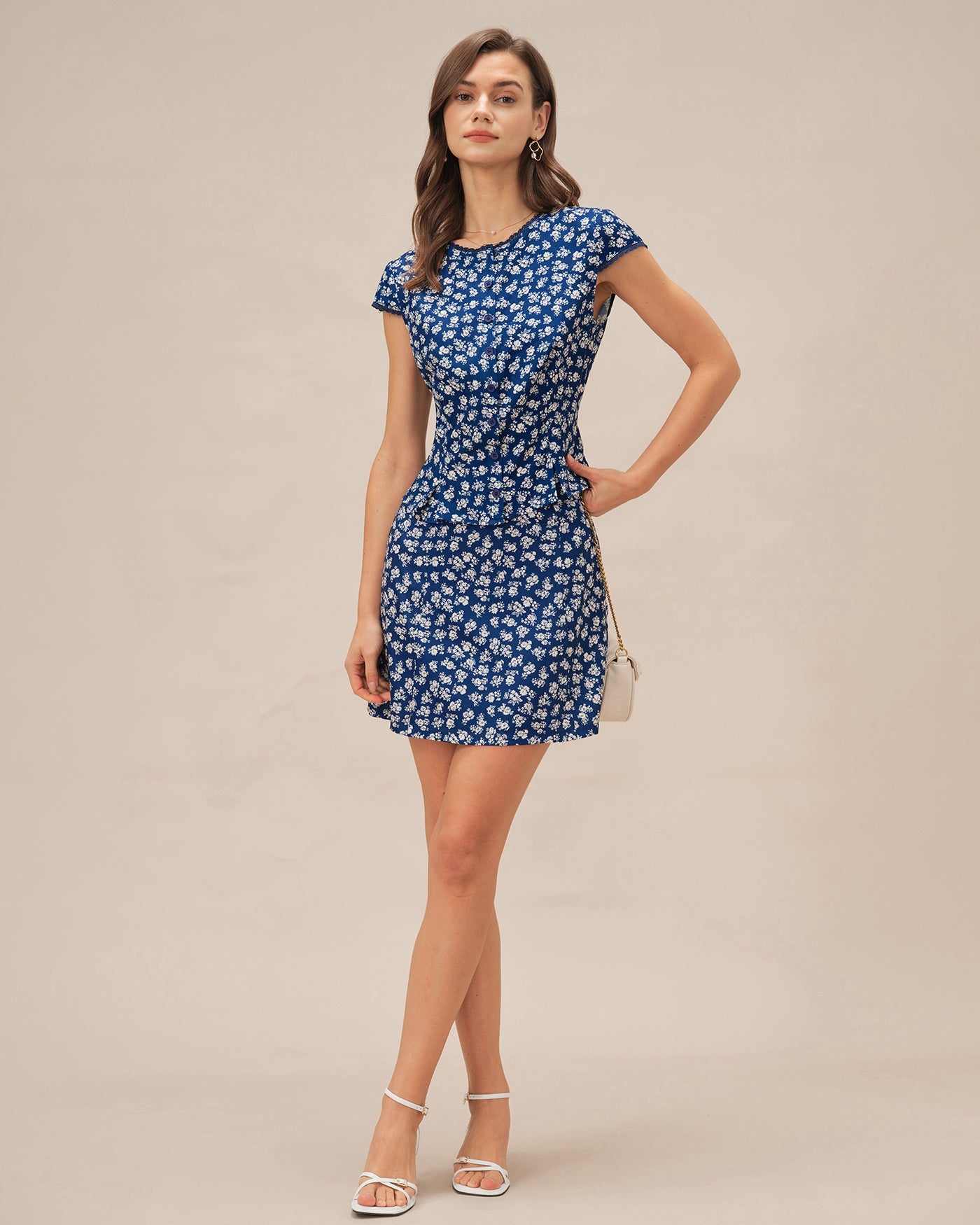 Blue Floral Cap Sleeve Button Blouse | Rihoas