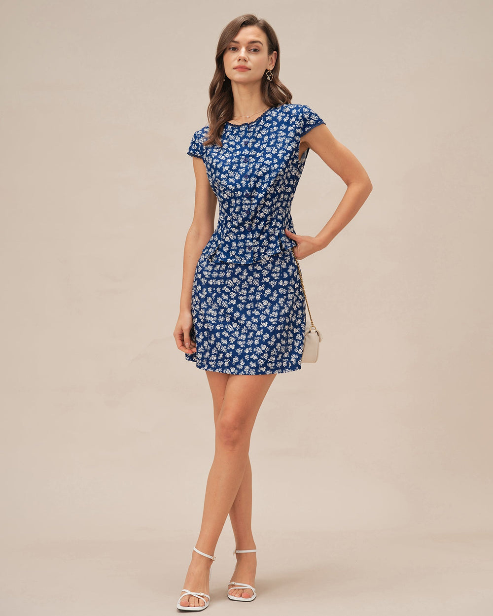 Blue Floral Cap Sleeve Button Blouse | Rihoas