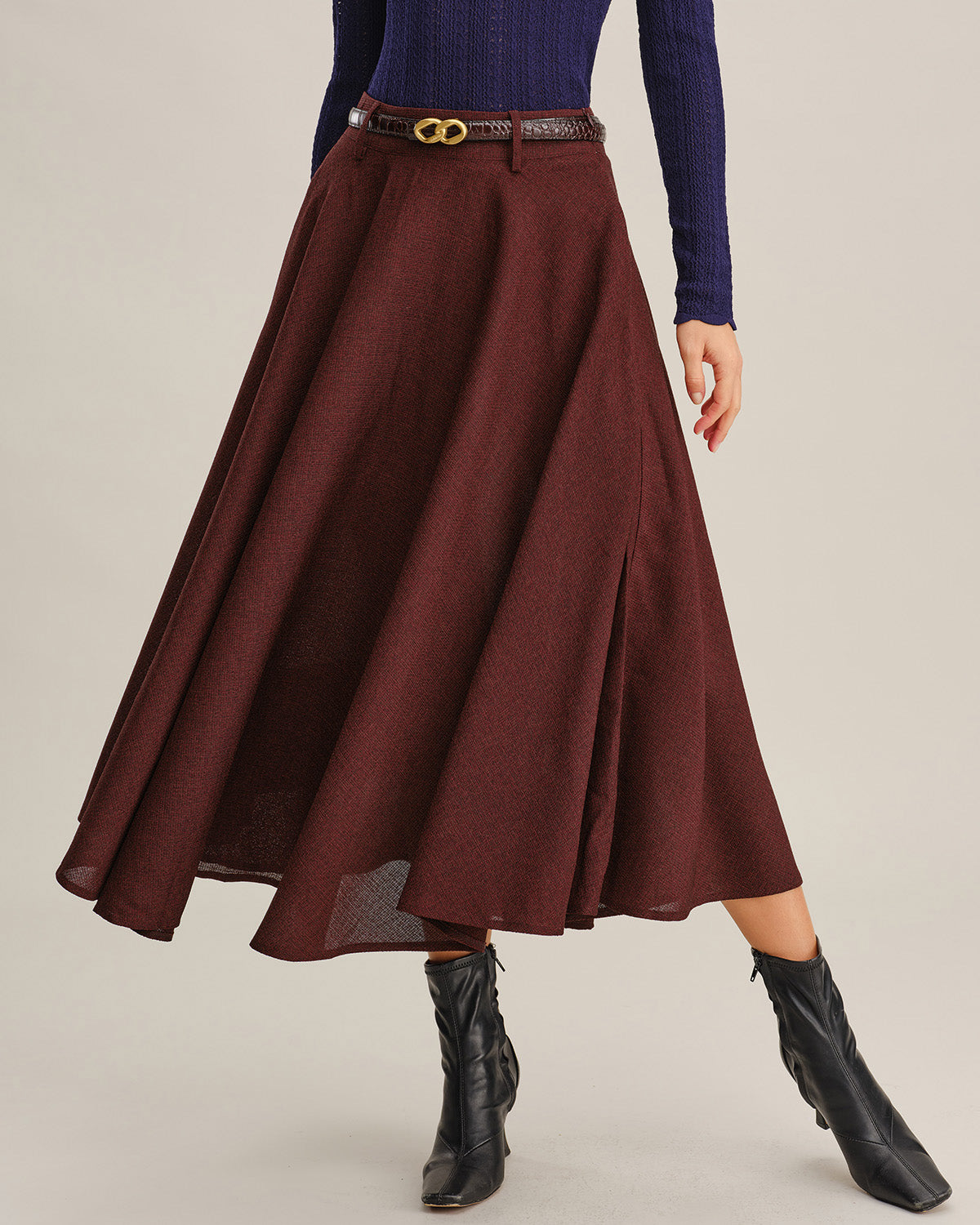 Wine Red A-Line Pocket Midi Skirt | Rihoas