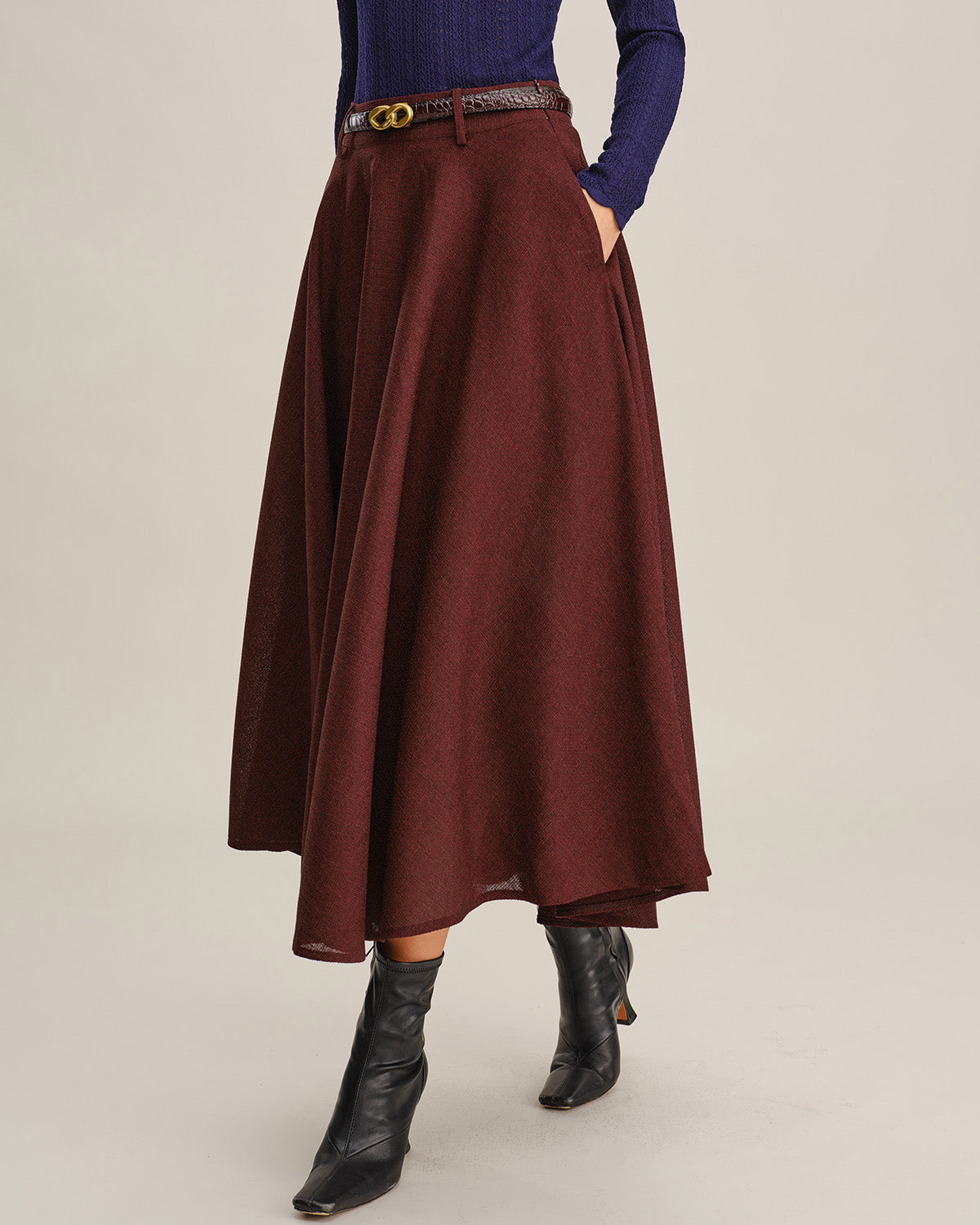 Wine Red A-Line Pocket Midi Skirt | Rihoas