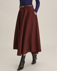Wine Red A-Line Pocket Midi Skirt | Rihoas