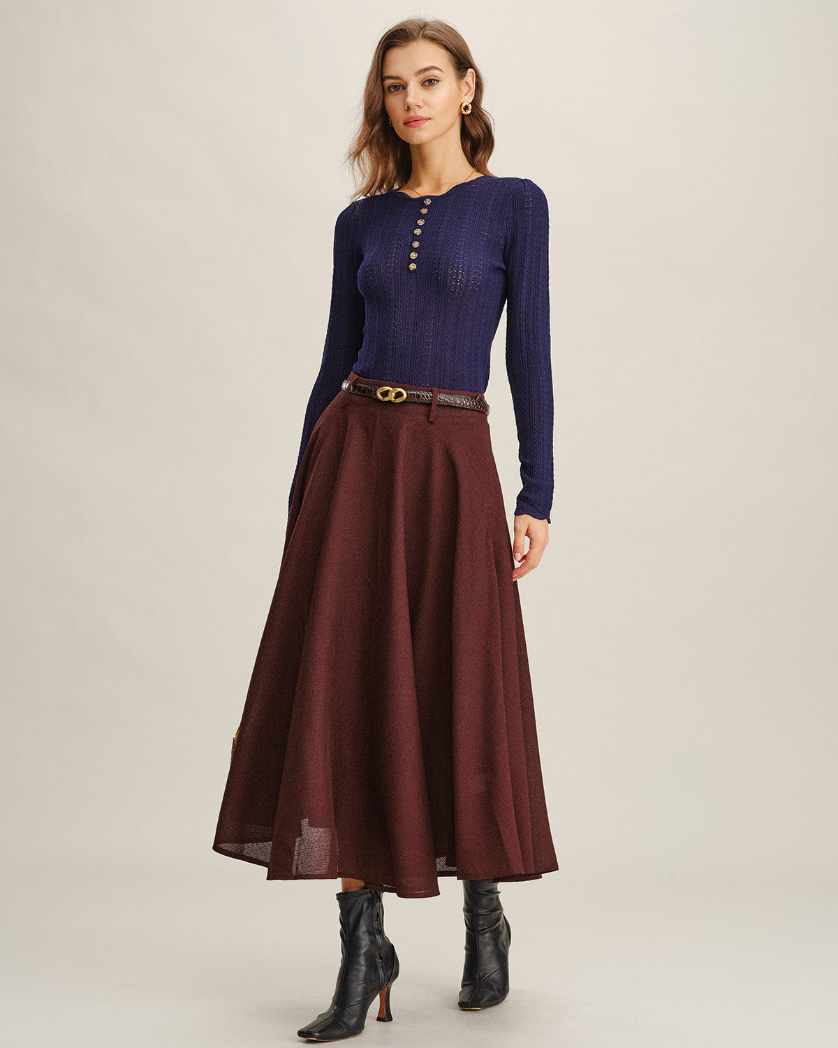 Wine Red A-Line Pocket Midi Skirt | Rihoas